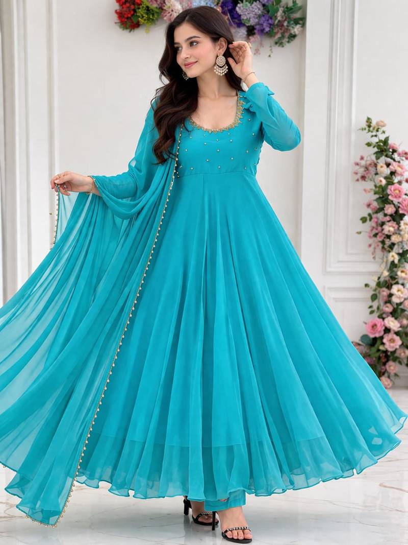 Dark sky blue georgette plain gown set