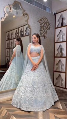 sky blue net lehenga set with thread work design 1