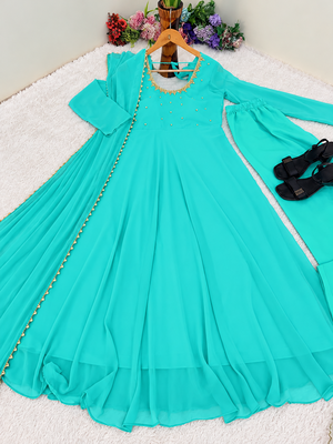 Sky Blue Georgette Gown Set with Beaded Neckline 2