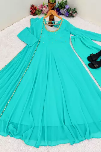 Sky Blue Georgette Gown Set with Beaded Neckline