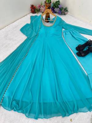 dark sky blue georgette gown set with beaded neckline 2
