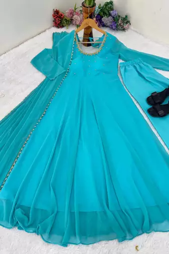 dark sky blue georgette gown set with beaded neckline
