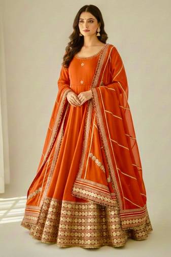 Orange silkblend embroidered gown set