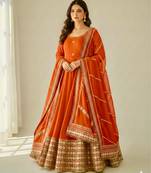 Orange silkblend embroidered gown set