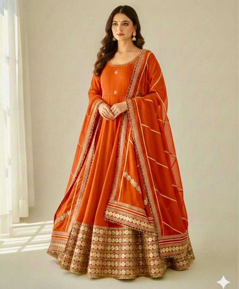 Orange silkblend embroidered gown set