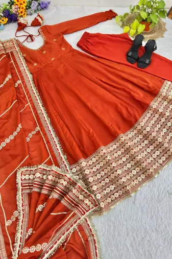 orange silk blend anarkali gown set with embroidered border

