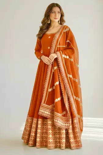 orange silk blend anarkali gown set with embroidered border

