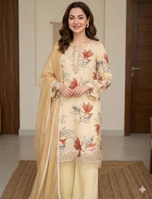 plus size beige crepe printed kurta set with dupatta 2