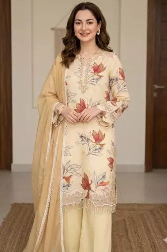 plus size beige crepe printed kurta set with dupatta
