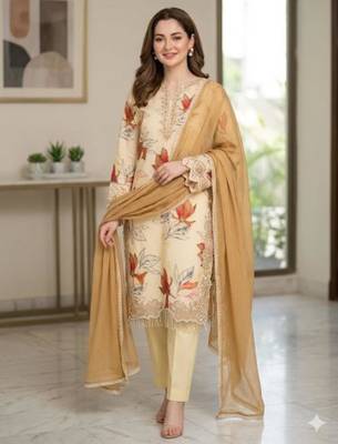 plus size beige crepe printed kurta set with dupatta 1