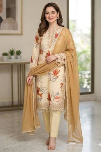 Beige crepe threadembroidery kurta set