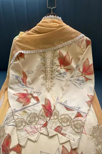 plus size beige crepe printed kurta set with dupatta