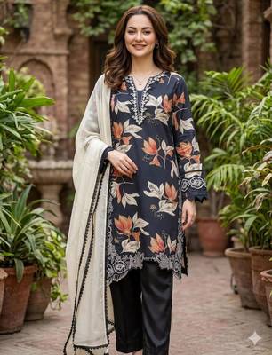navy blue crepe printed kurta set with thread embroidery 1