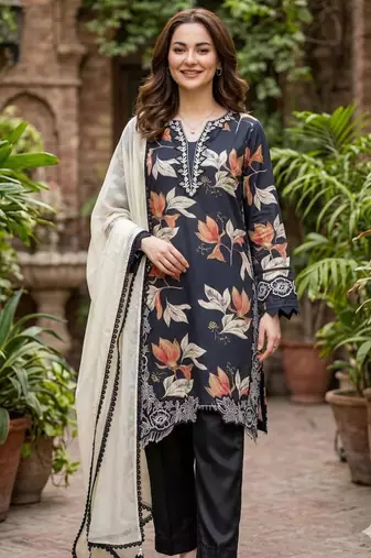 Navy blue crepe threadembroidery kurta set