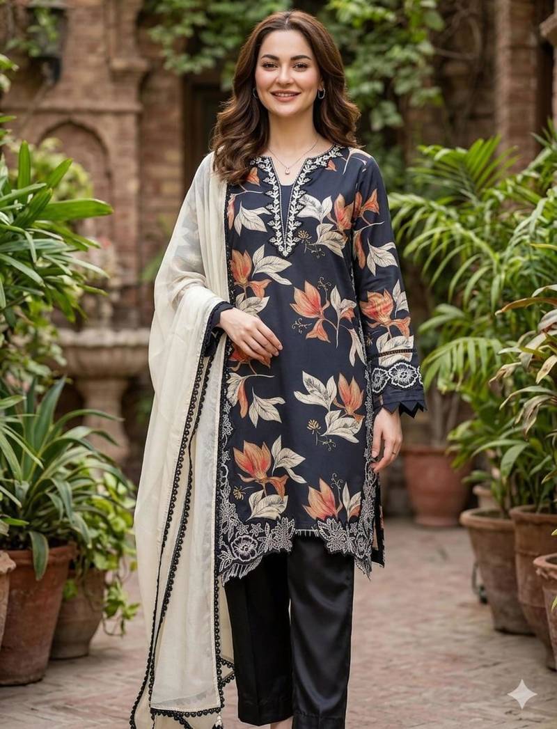 Navy blue crepe threadembroidery kurta set