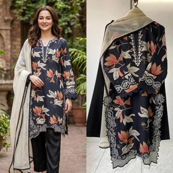 navy blue crepe printed kurta set with thread embroidery 2