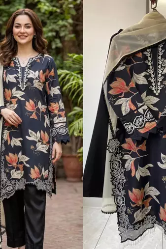 navy blue crepe printed kurta set with thread embroidery