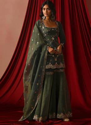 green silk blend embroidered sharara set with dupatta 1
