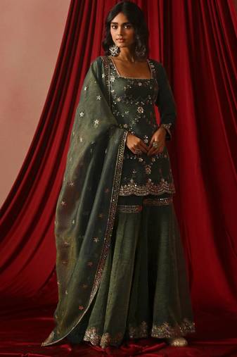 Green silkblend embroidered sharara set
