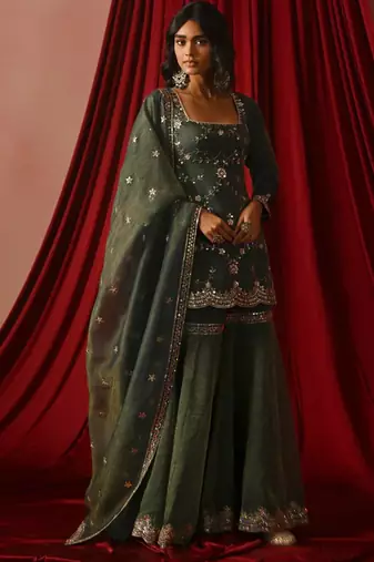 Green silkblend embroidered sharara set