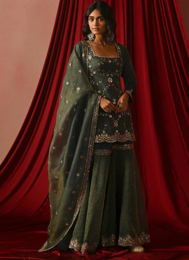 Green silkblend embroidered sharara set