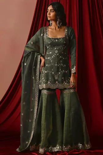 green silk blend embroidered sharara set with dupatta