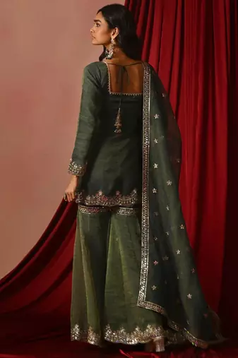 green silk blend embroidered sharara set with dupatta