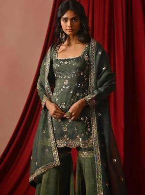 green silk blend embroidered sharara set with dupatta 4