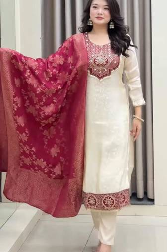 Cream banarasisilk embroidered kurta set