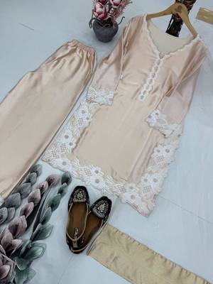 cream silk blend embroidered palazzo set with organza dupatta 3