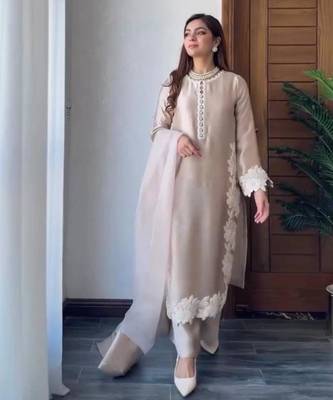 cream silk blend embroidered palazzo set with organza dupatta 1
