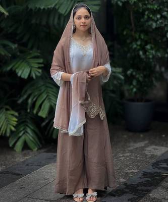 light chocolate georgette embroidered palazzo set with dupatta 2