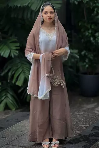 light chocolate georgette embroidered palazzo set with dupatta