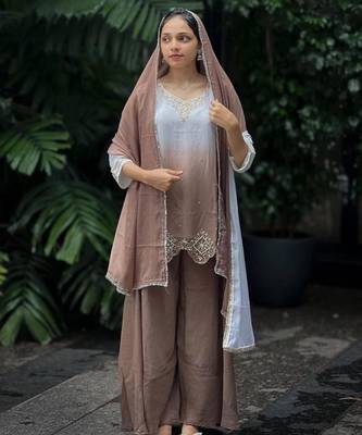 light chocolate georgette embroidered palazzo set with dupatta 3