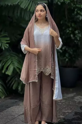 light chocolate georgette embroidered palazzo set with dupatta
