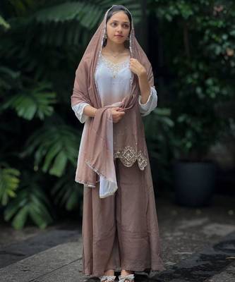 light chocolate georgette embroidered palazzo set with dupatta 1