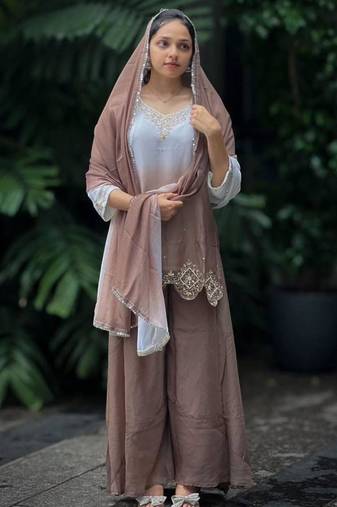 Light chocolate georgette embroidered palazzo set