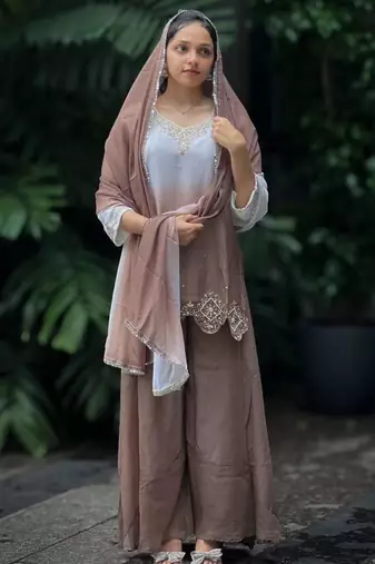 Light chocolate georgette embroidered palazzo set