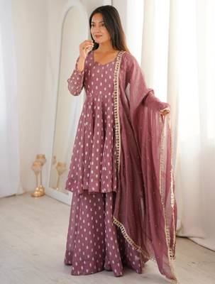 light wine georgette printed kurta set with sharara & dupatta 1