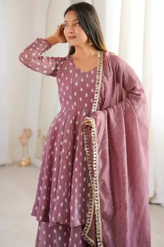 light wine georgette printed kurta set with sharara & dupatta