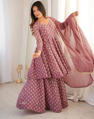 light wine georgette printed kurta set with sharara & dupatta 3