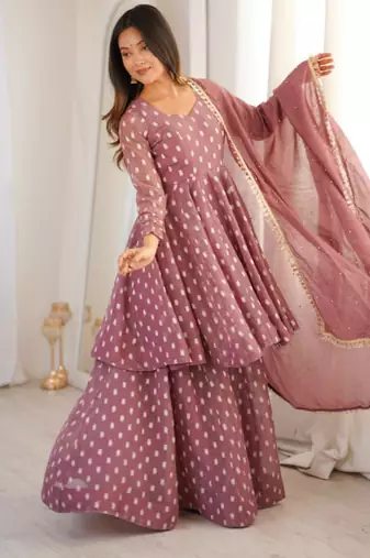 light wine georgette printed kurta set with sharara & dupatta