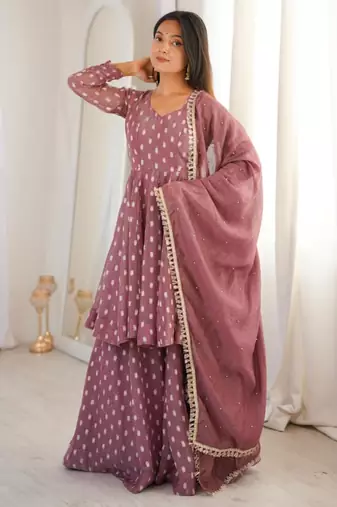 light wine georgette printed kurta set with sharara & dupatta