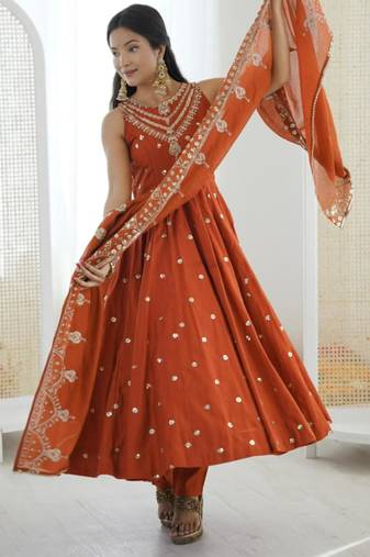 Dark orange silkblend embroidered gown set