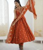 Dark orange silkblend embroidered gown set