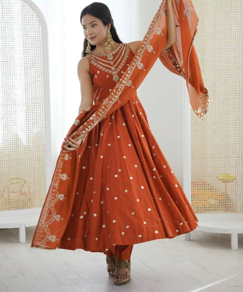 Dark orange silkblend embroidered gown set