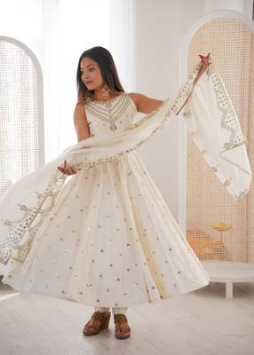 white silk blend embroidered anarkali gown set with dupatta 1