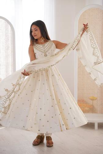 White silkblend embroidered gown set