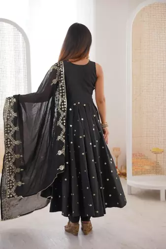black silk blend embroidered anarkali gown set with dupatta