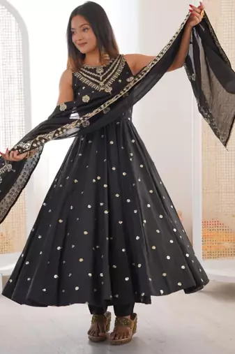black silk blend embroidered anarkali gown set with dupatta